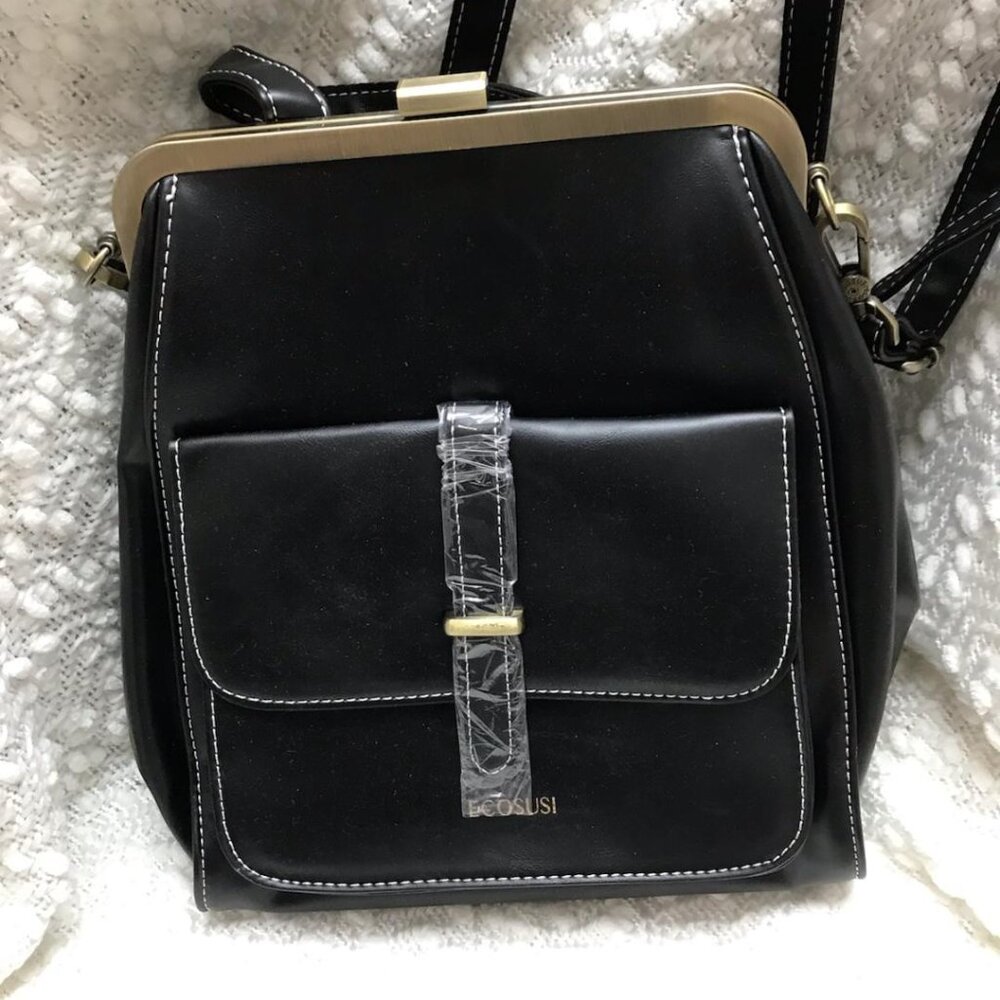 Black Faux Leather Backpack/Purse wtih Goldtone Trim